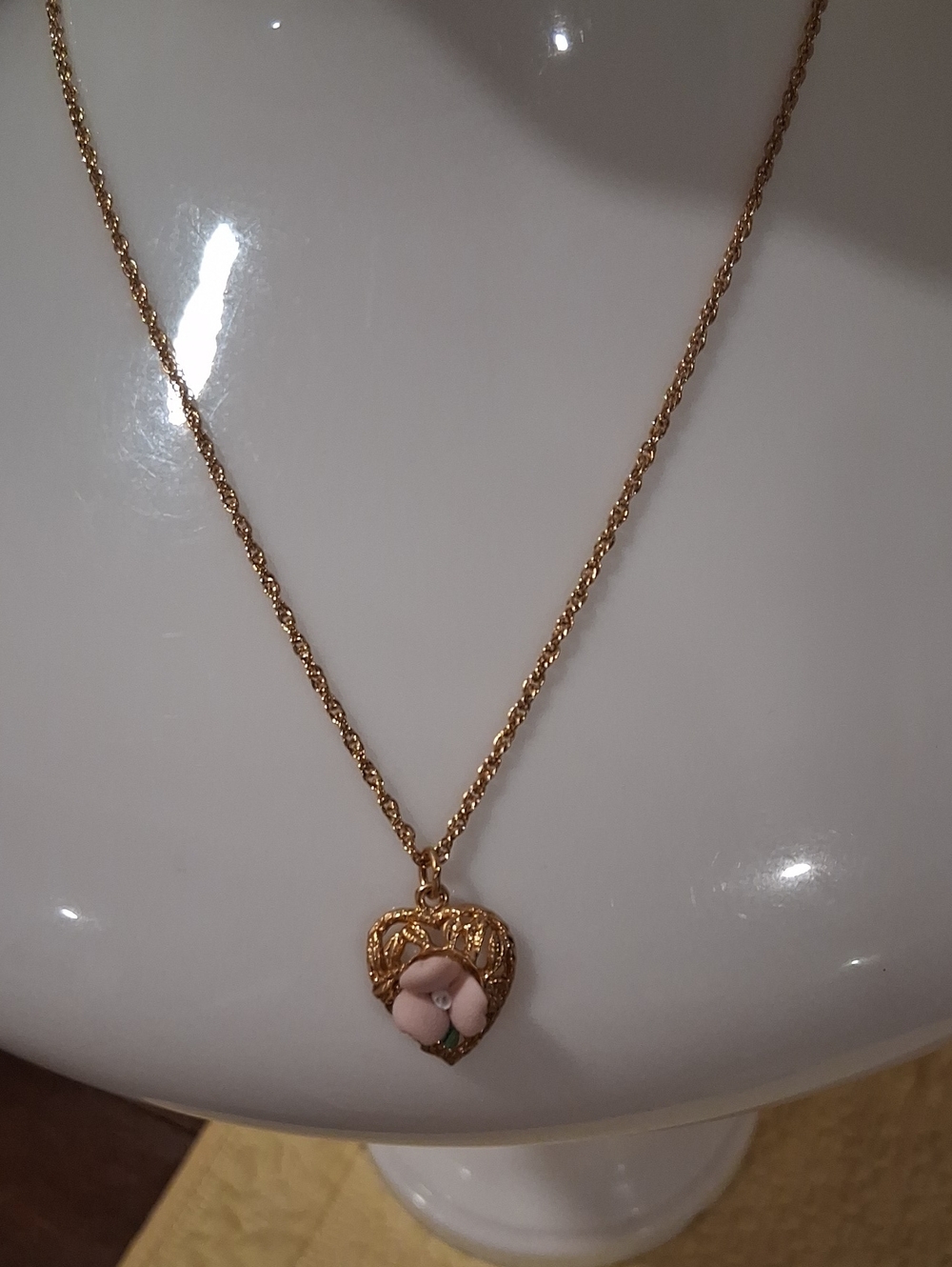 Gold Heart Pendant Necklace with Pink Floral Accent READ